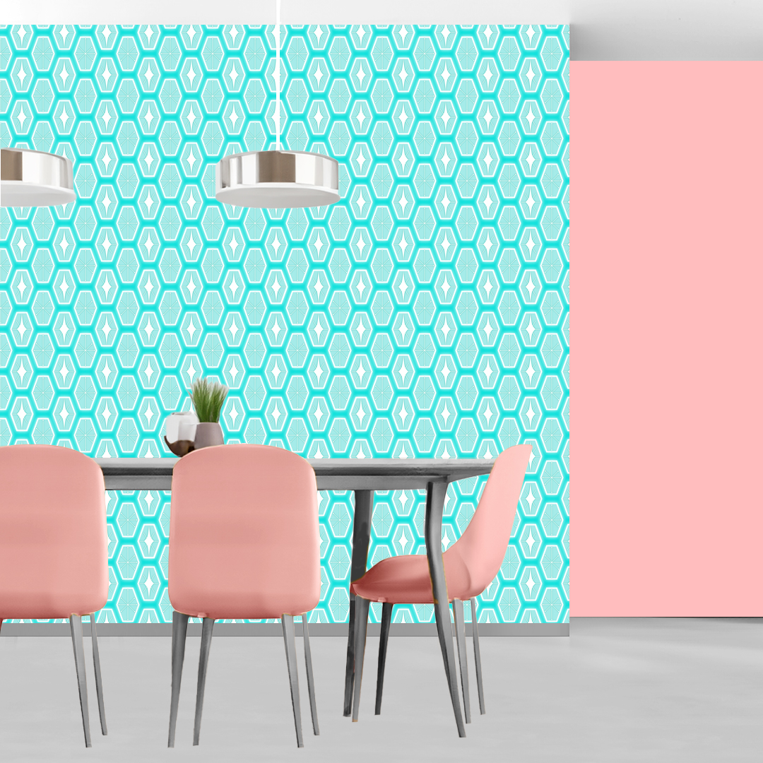 The artwork features a repeating geometric pattern of symmetrical shapes resembling elongated, curved diamonds or petals in various shades of blue and green. Each shape is split vertically with one half filled with a light blue and the other half filled with green or darker blue. The background is a light, almost pastel blue, which provides a soft yet vibrant backdrop. One of the blue shapes near the upper left contains a white starburst element, adding a focal point of brightness to the composition. The overall design conveys a modern, mid-century aesthetic with clean lines and harmonious color contrasts.